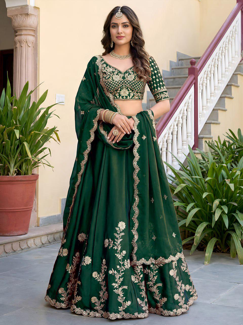 Bottle Green Rangoli Silk Lehenga Choli Set | Zari Dori & Sequins Embroidered Lehenga | Semi-Stitched Wedding, Festive Outfit with Dupatta