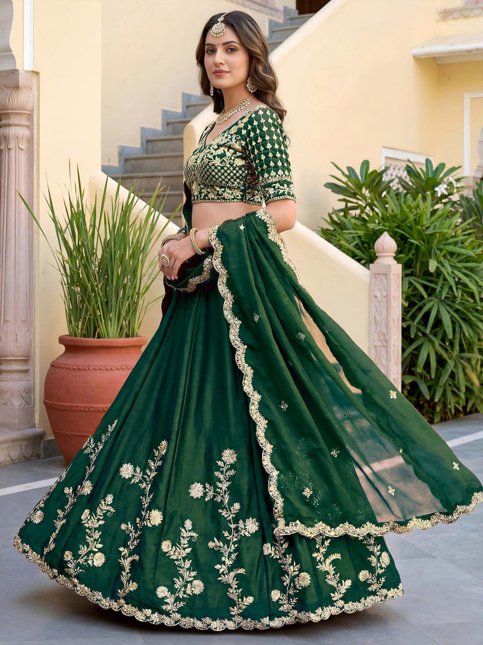 Bottle Green Rangoli Silk Lehenga Choli Set | Zari Dori & Sequins Embroidered Lehenga | Semi-Stitched Wedding, Festive Outfit with Dupatta