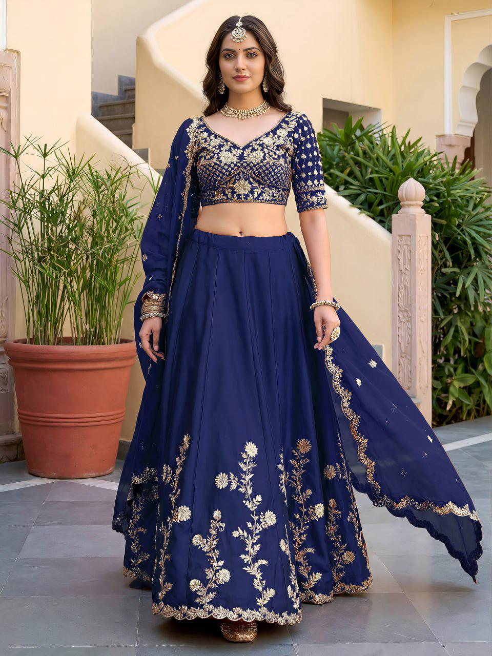 Navy Blue Rangoli Silk Lehenga Choli Set | Zari Dori & Sequins Embroidered Lehenga | Semi-Stitched Wedding and Festive Outfit with Dupatta