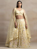 Pastel Yellow Soft Net Lehenga Choli Set | Floral Thread & Sequins Embroidered Lehenga | Semi-Stitched Wedding, Festive Outfit with Dupatta