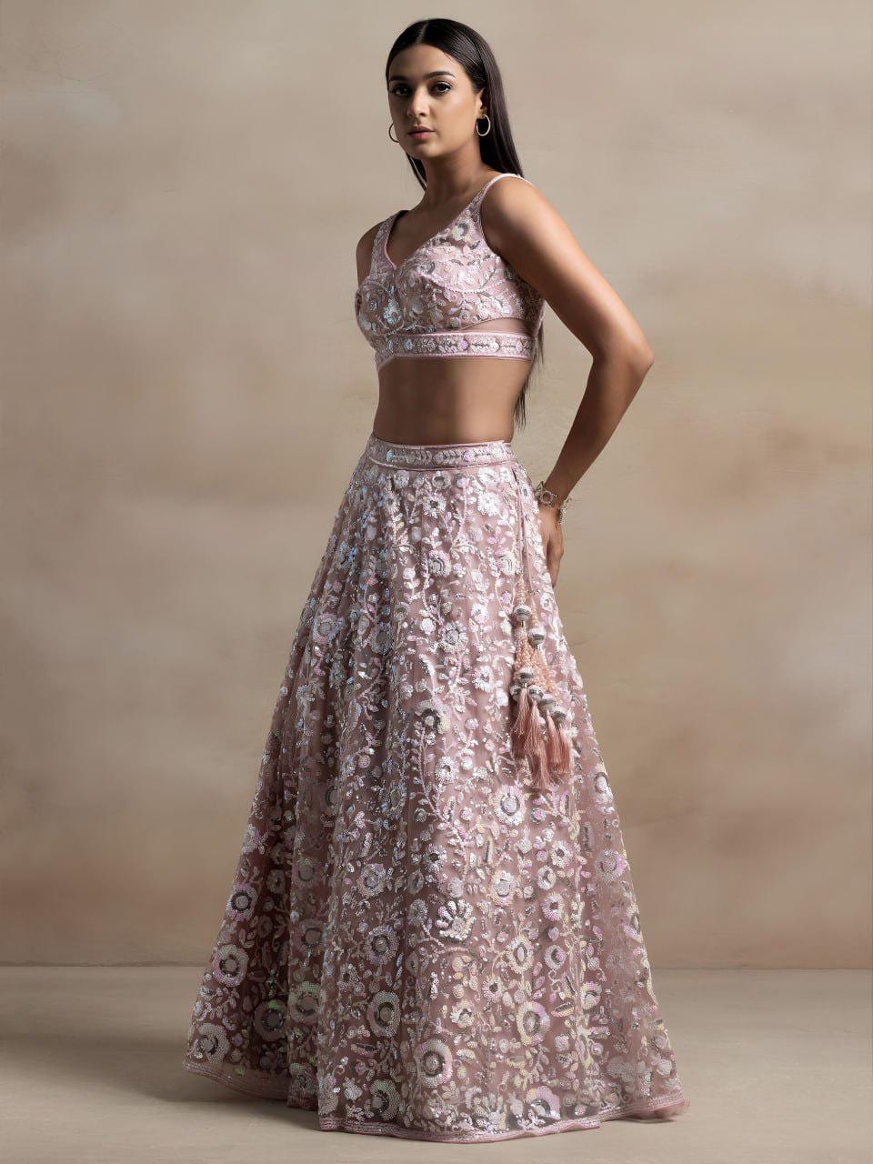 Soft Pink Soft Net Lehenga Choli Set | Floral Thread & Sequins Embroidered Lehenga | Semi-Stitched Wedding, Party Wear with Dupatta
