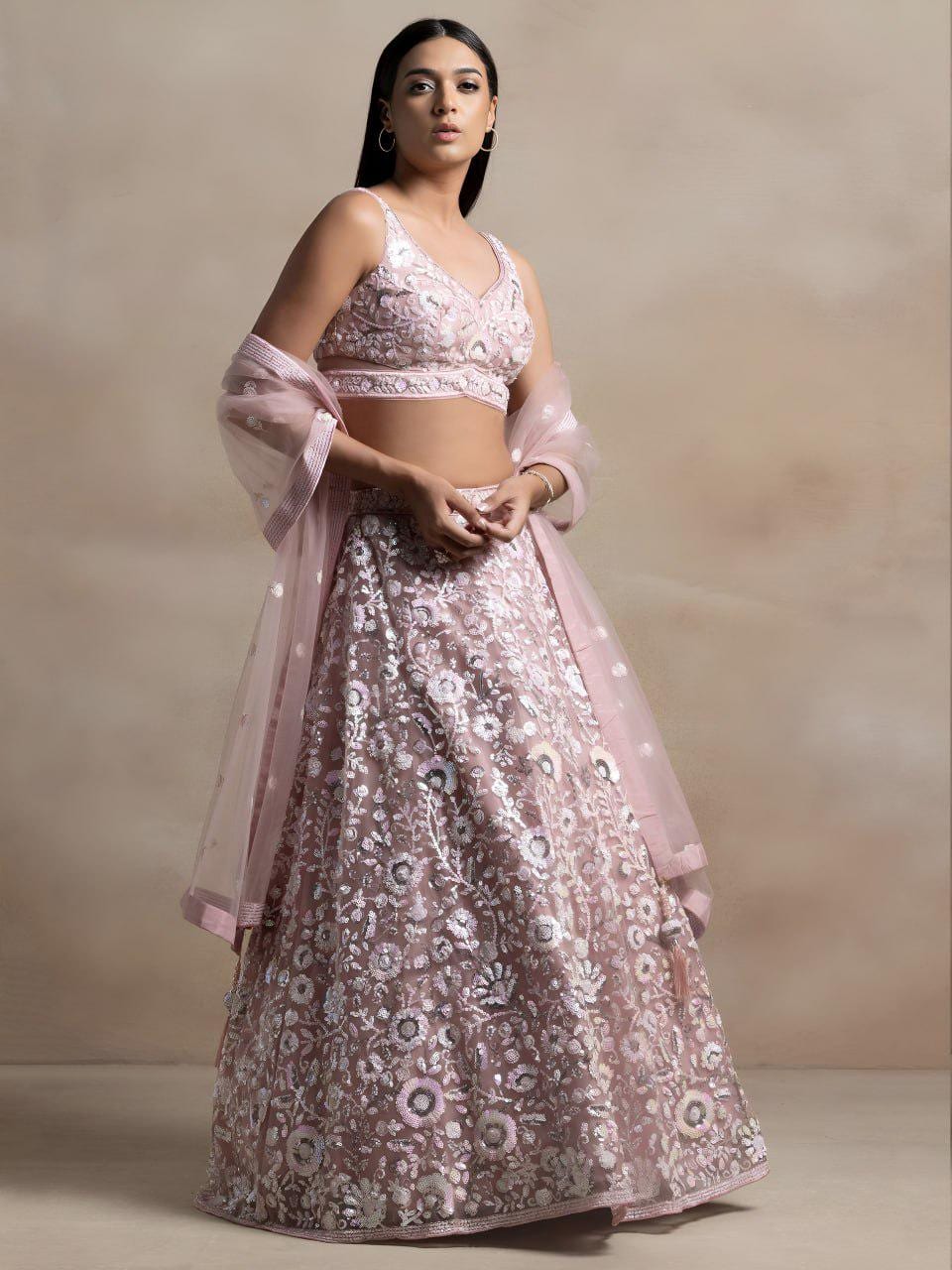 Soft Pink Soft Net Lehenga Choli Set | Floral Thread & Sequins Embroidered Lehenga | Semi-Stitched Wedding, Party Wear with Dupatta