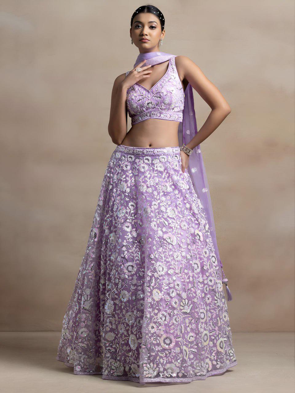 Lavender Soft Net Lehenga Choli Set | Floral Thread & Sequins Embroidered Lehenga | Semi-Stitched Wedding, Reception Outfit with Dupatta