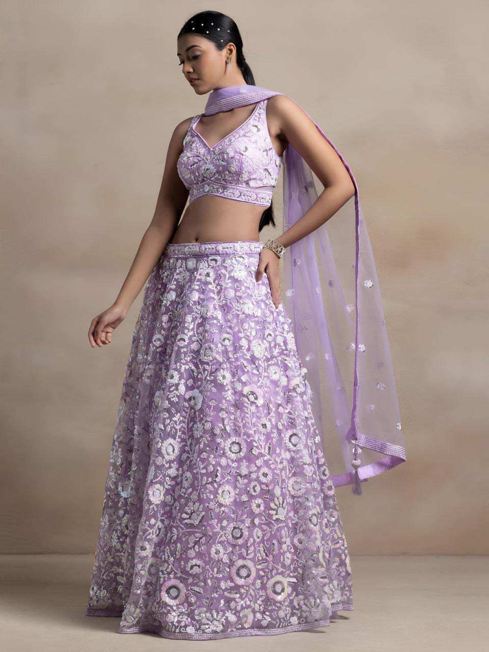 Lavender Soft Net Lehenga Choli Set | Floral Thread & Sequins Embroidered Lehenga | Semi-Stitched Wedding, Reception Outfit with Dupatta