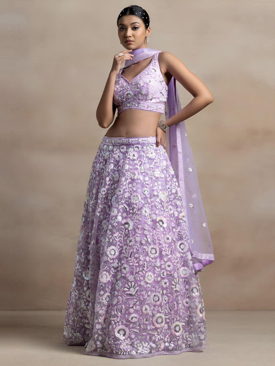 Lavender Soft Net Lehenga Choli Set | Floral Thread & Sequins Embroidered Lehenga | Semi-Stitched Wedding, Reception Outfit with Dupatta