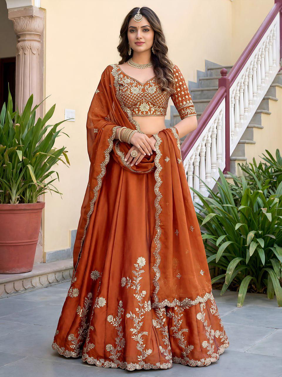 Rust Orange Rangoli Silk Lehenga Choli Set | Zari Dori & Sequins Embroidered Lehenga | Semi-Stitched Wedding and Festive Outfit with Dupatta