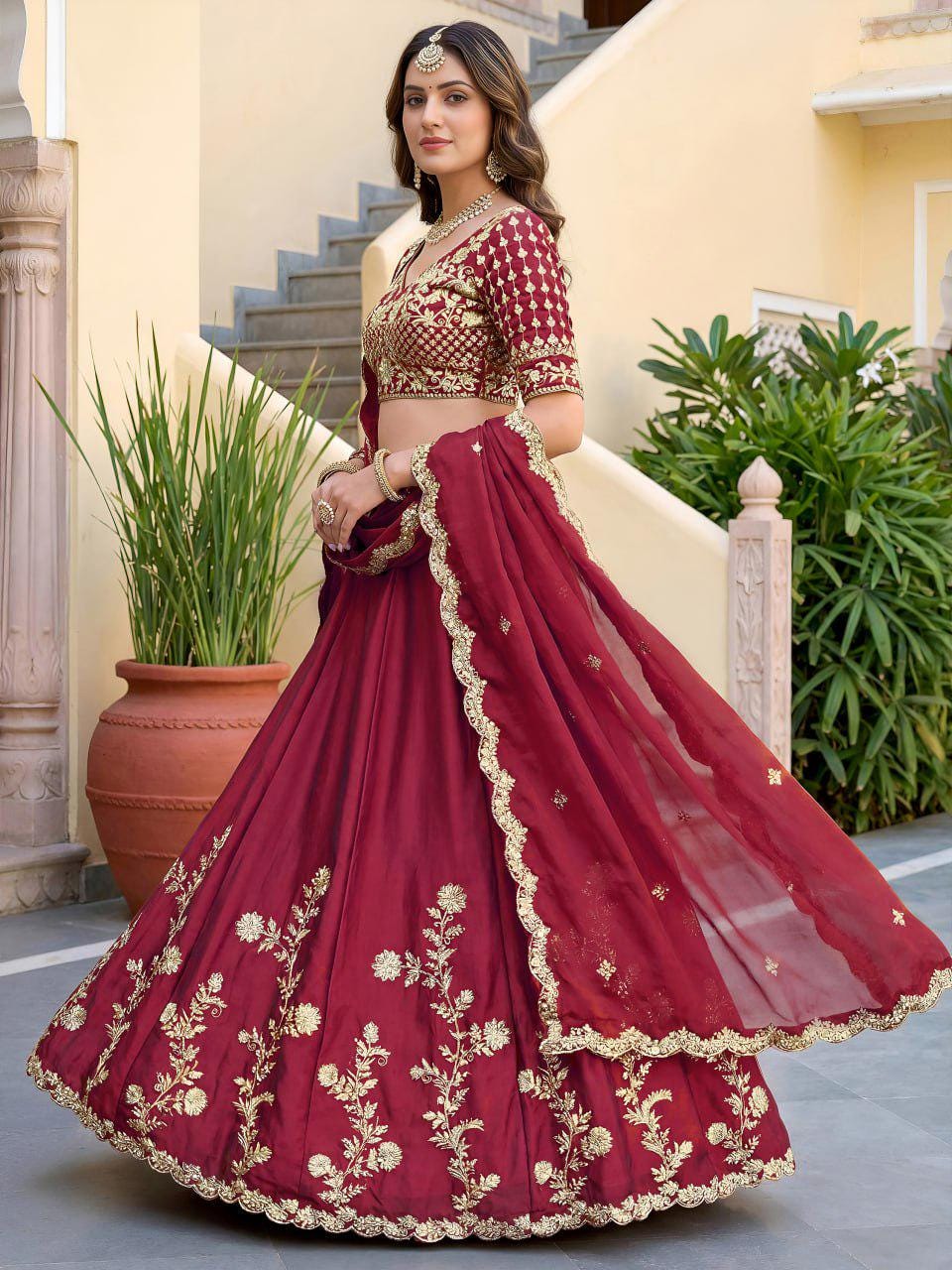 Maroon Rangoli Silk Lehenga Choli Set | Zari Dori & Sequins Embroidered Lehenga | Semi-Stitched Wedding and Reception Outfit with Dupatta