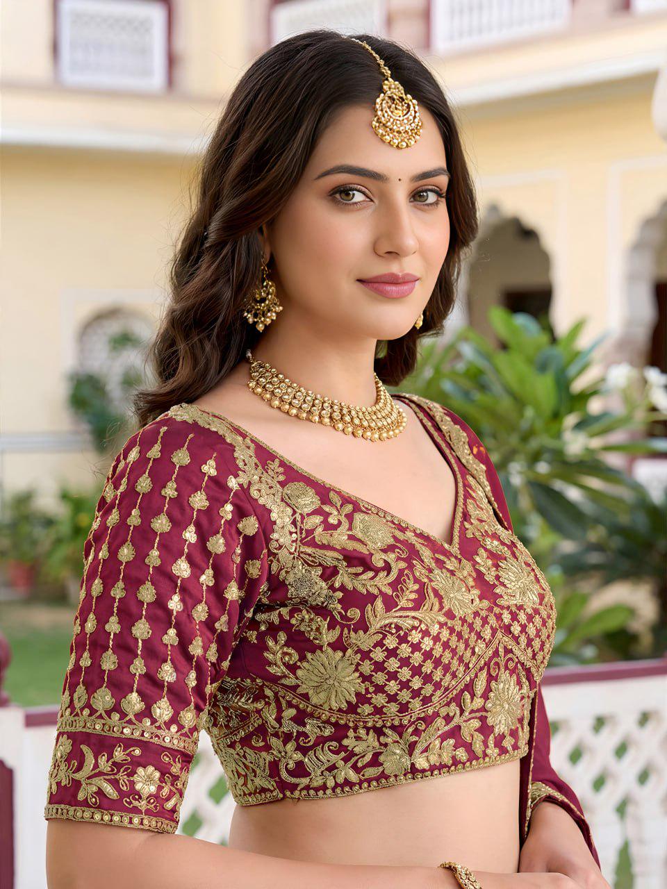 Maroon Rangoli Silk Lehenga Choli Set | Zari Dori & Sequins Embroidered Lehenga | Semi-Stitched Wedding and Reception Outfit with Dupatta
