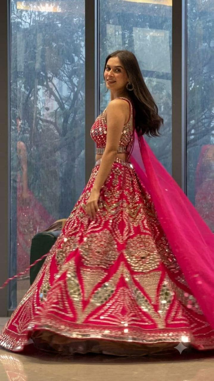 Malai Satin Mirror Work Lehenga Choli Set | Sequins, Foil & Coding Embroidered Lehenga | Semi-Stitched, Bridal Outfit with Organza Dupatta
