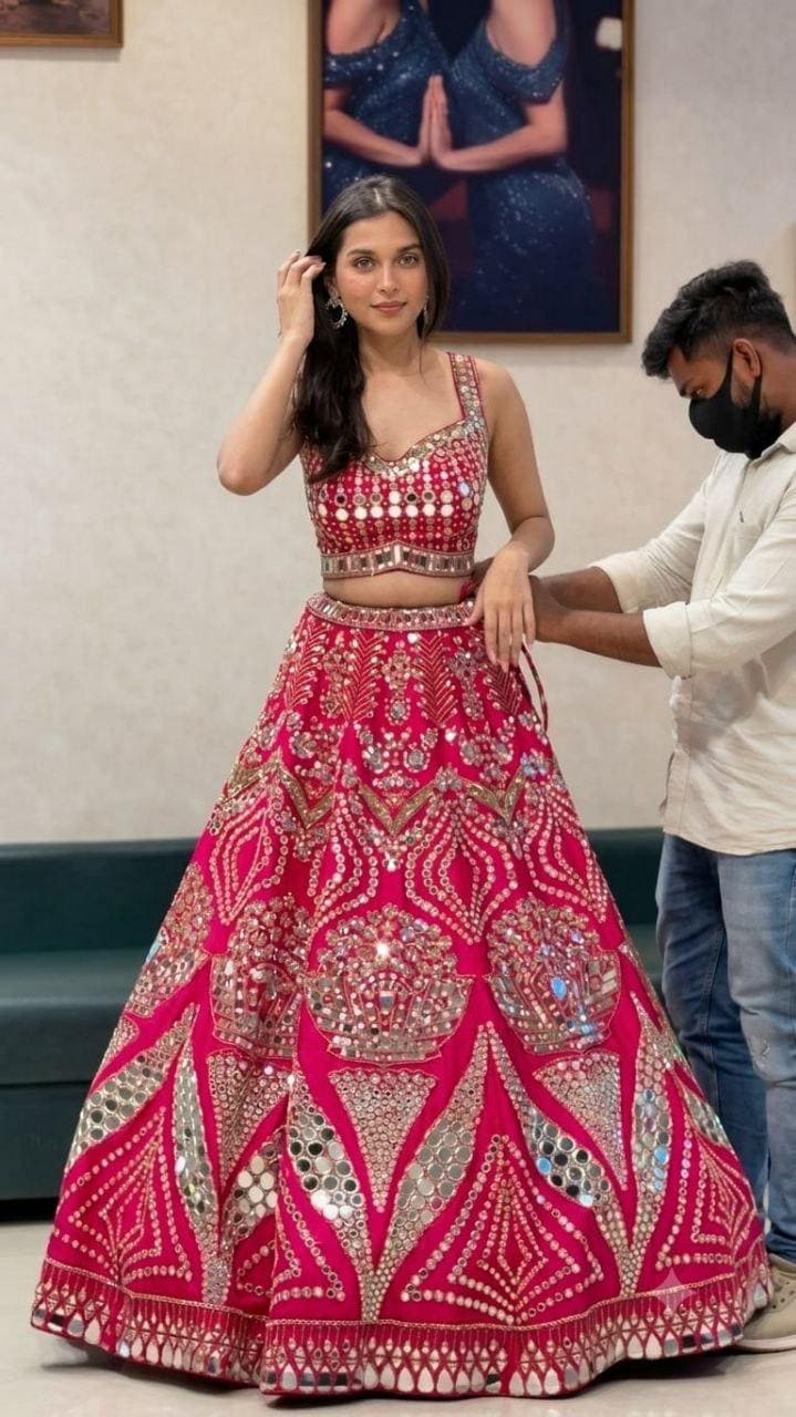 Malai Satin Mirror Work Lehenga Choli Set | Sequins, Foil & Coding Embroidered Lehenga | Semi-Stitched, Bridal Outfit with Organza Dupatta