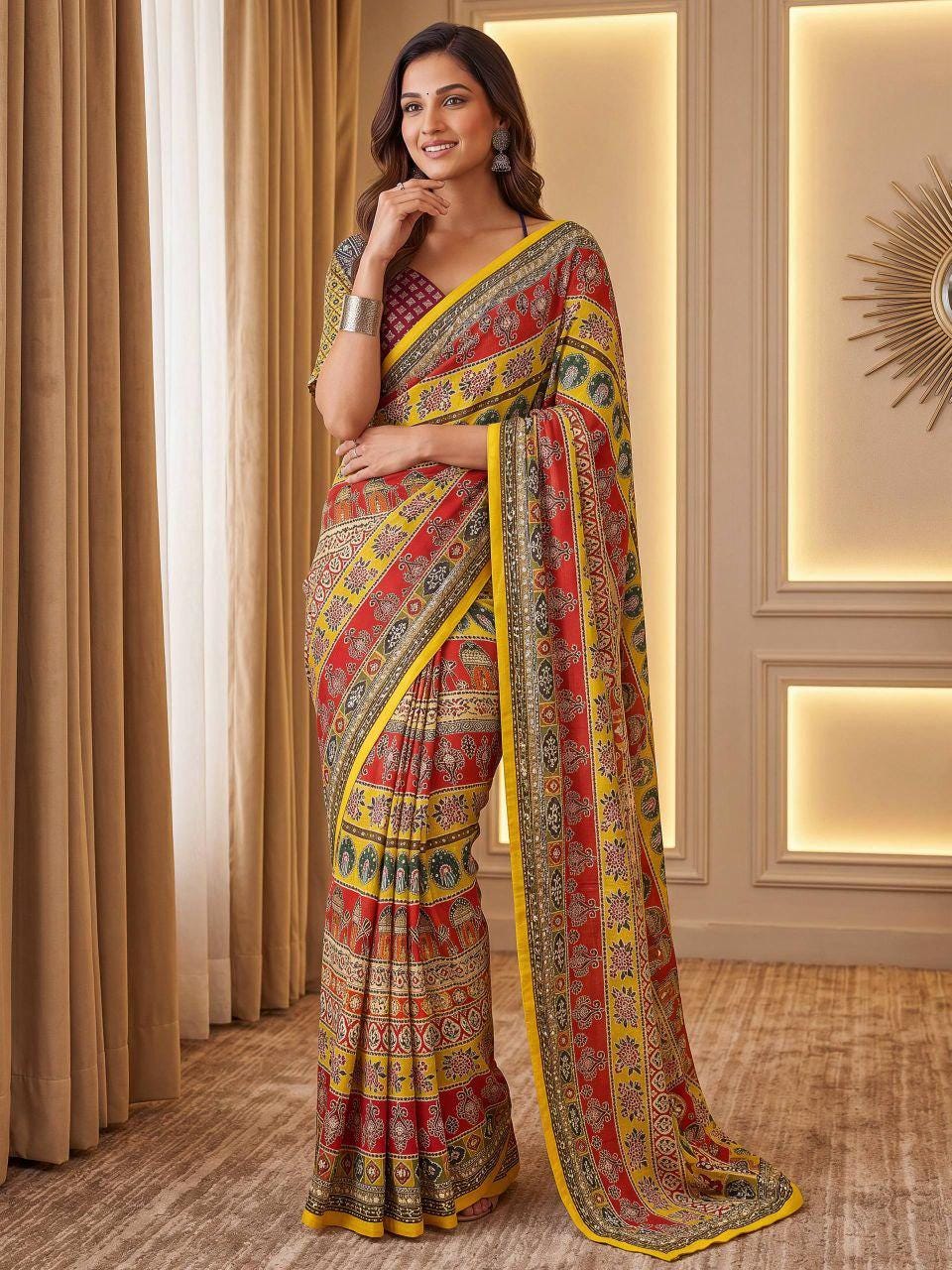 Chinon Ajrak Print Saree with Real Mirror Work | Festive Indian Wedding Wear (Unstitched Blouse)