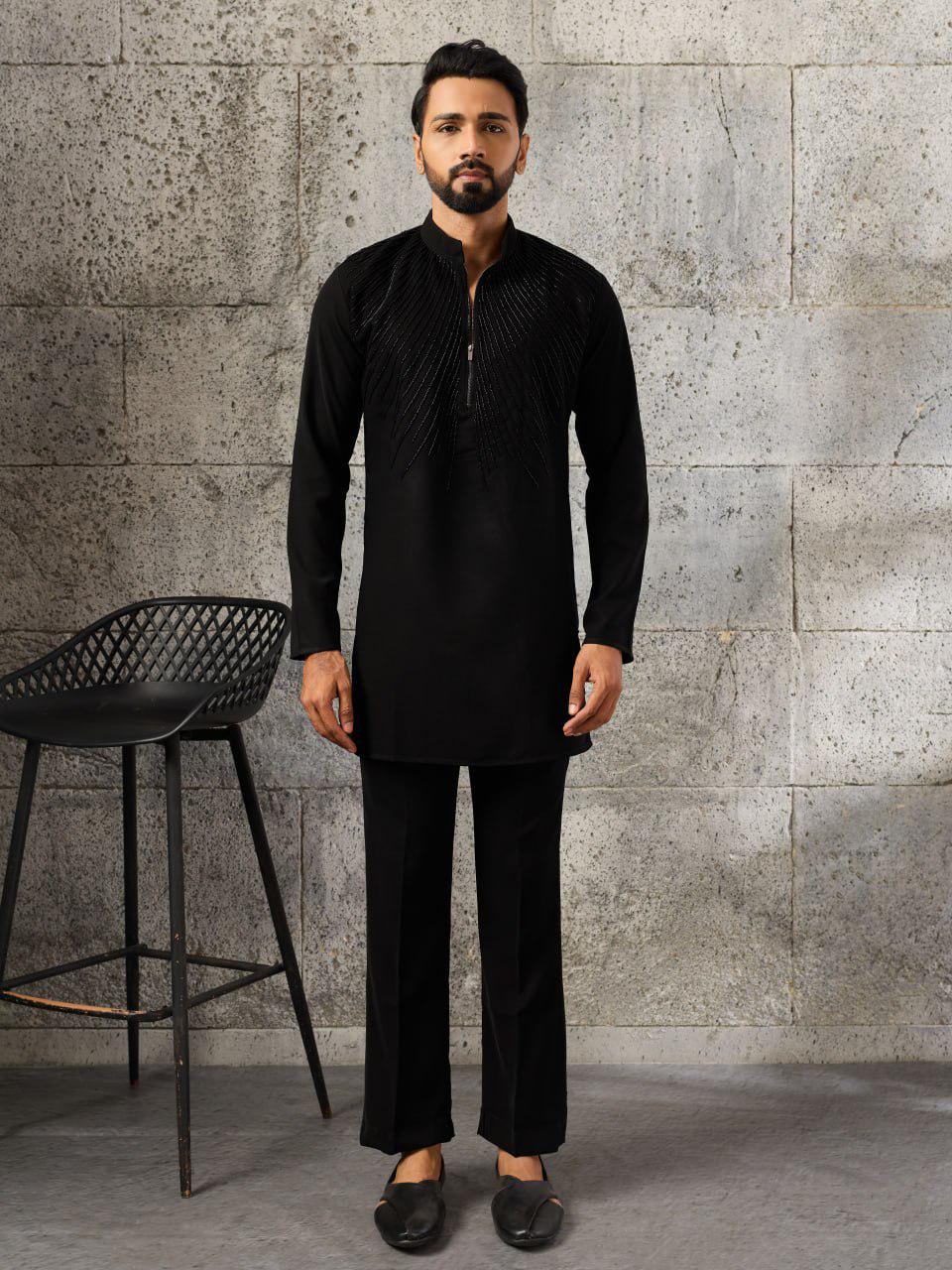 Men's Japanese Fabric Kurta Pant Set | Designer Beads Work Ethnic Wear
