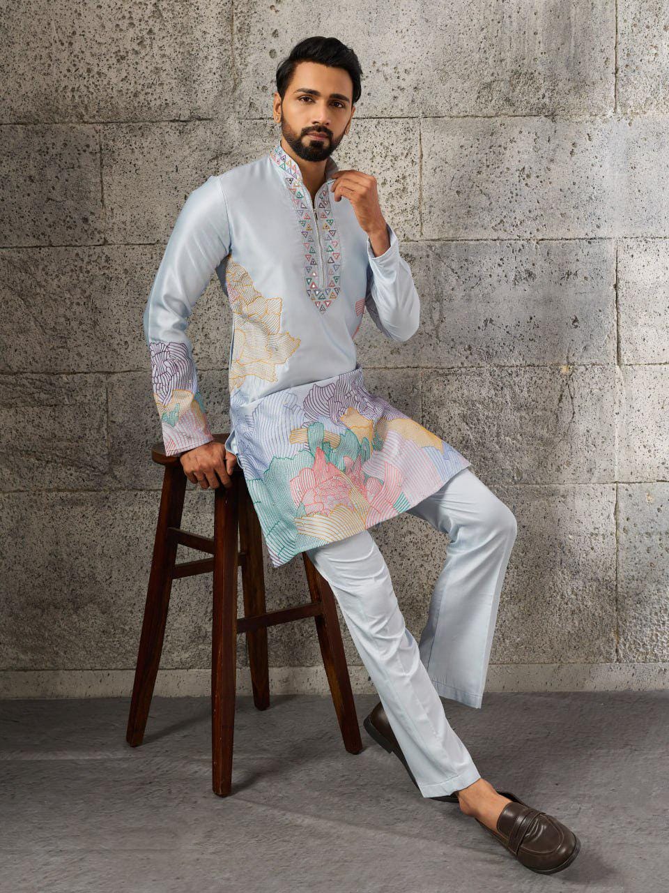 Men's Silk Kurta Pant Set | Thread Sequin Embroidery, Festive Wedding Ethnic Wear