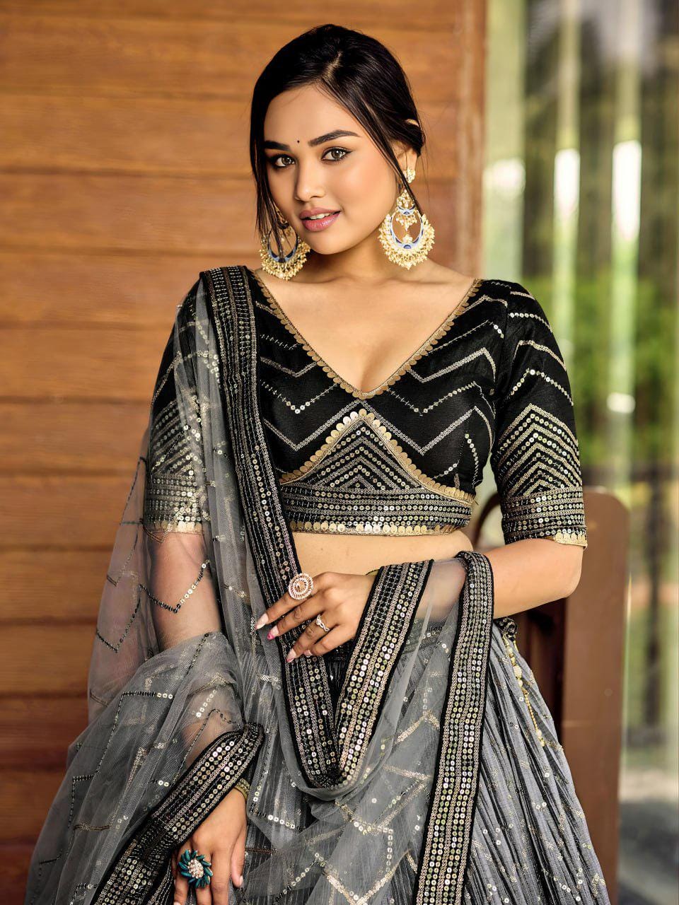 Black Chinnon Lehenga Choli Set | Sequin Embroidered Wedding A-Line Lehenga, Net Dupatta