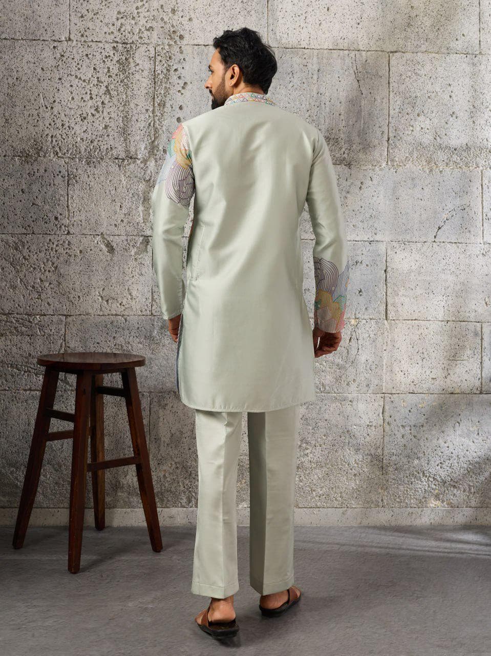 Men's Silk Kurta Pant Set | Thread Sequin Embroidery Festive Outfit