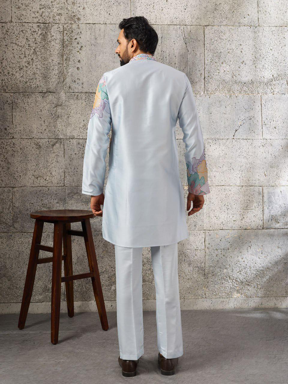 Men's Silk Kurta Pant Set | Thread Sequin Embroidery, Festive Wedding Ethnic Wear