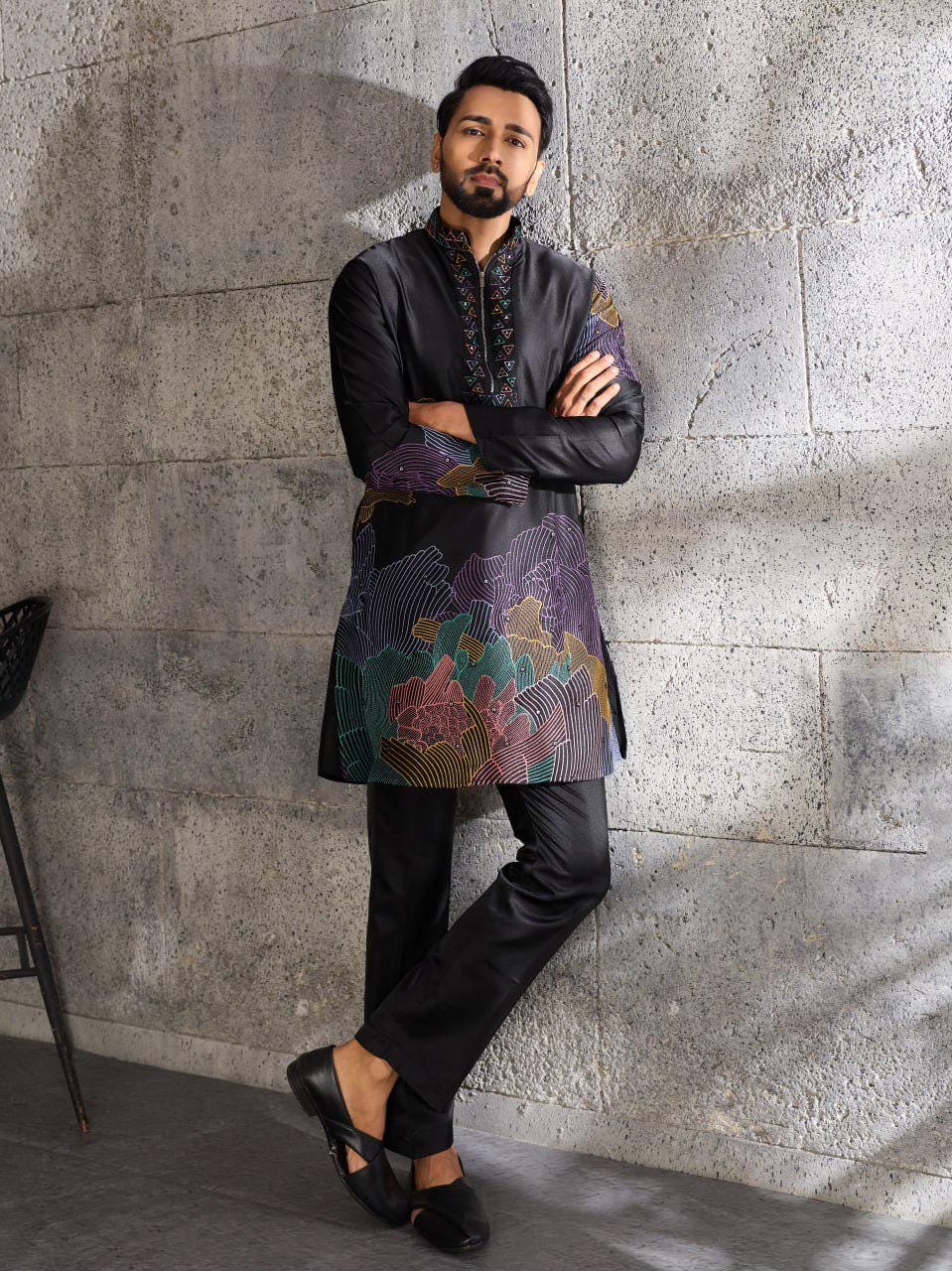 Men's Silk Kurta Pant Set | Thread Sequin Embroidery, Festive Ethnic Wear